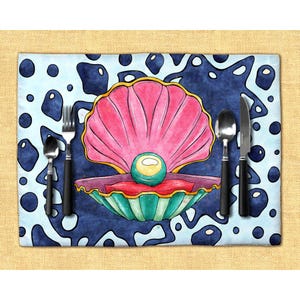Colorful clam placemats set, seaside life art printed placemats for bright nautical table decor, seashell placemat for mermaid table decor