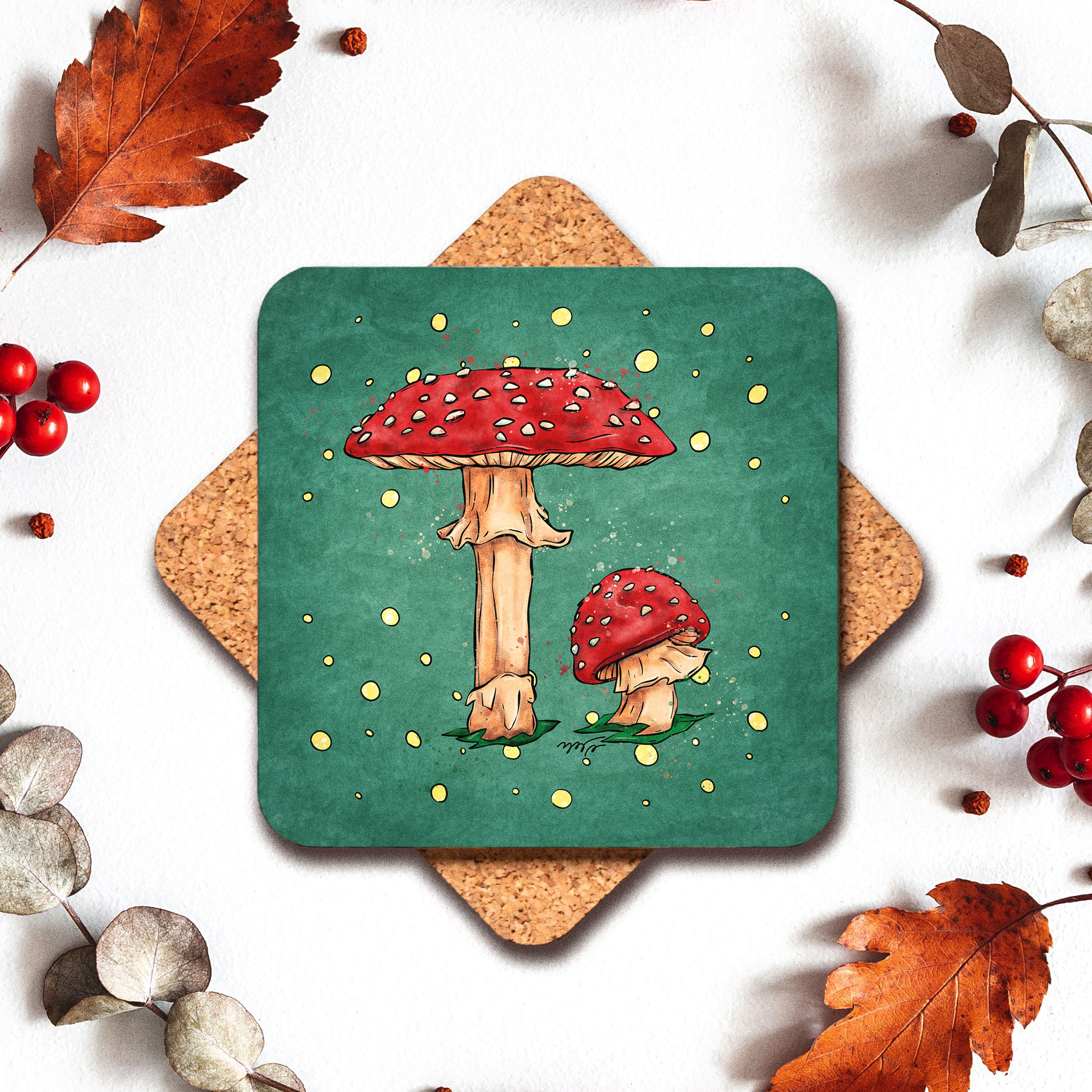 Mushroom coasters set of 2 4 or 6 and more, cottagecore cork back coasters, colorful art printed drink coasters for fall dinning table decor