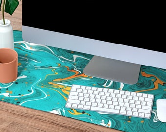 Teal and orange XXL mousepad, turquoise marble texture mouse pad for laptop desk decoration, bright desk mat for student girl dorm decor