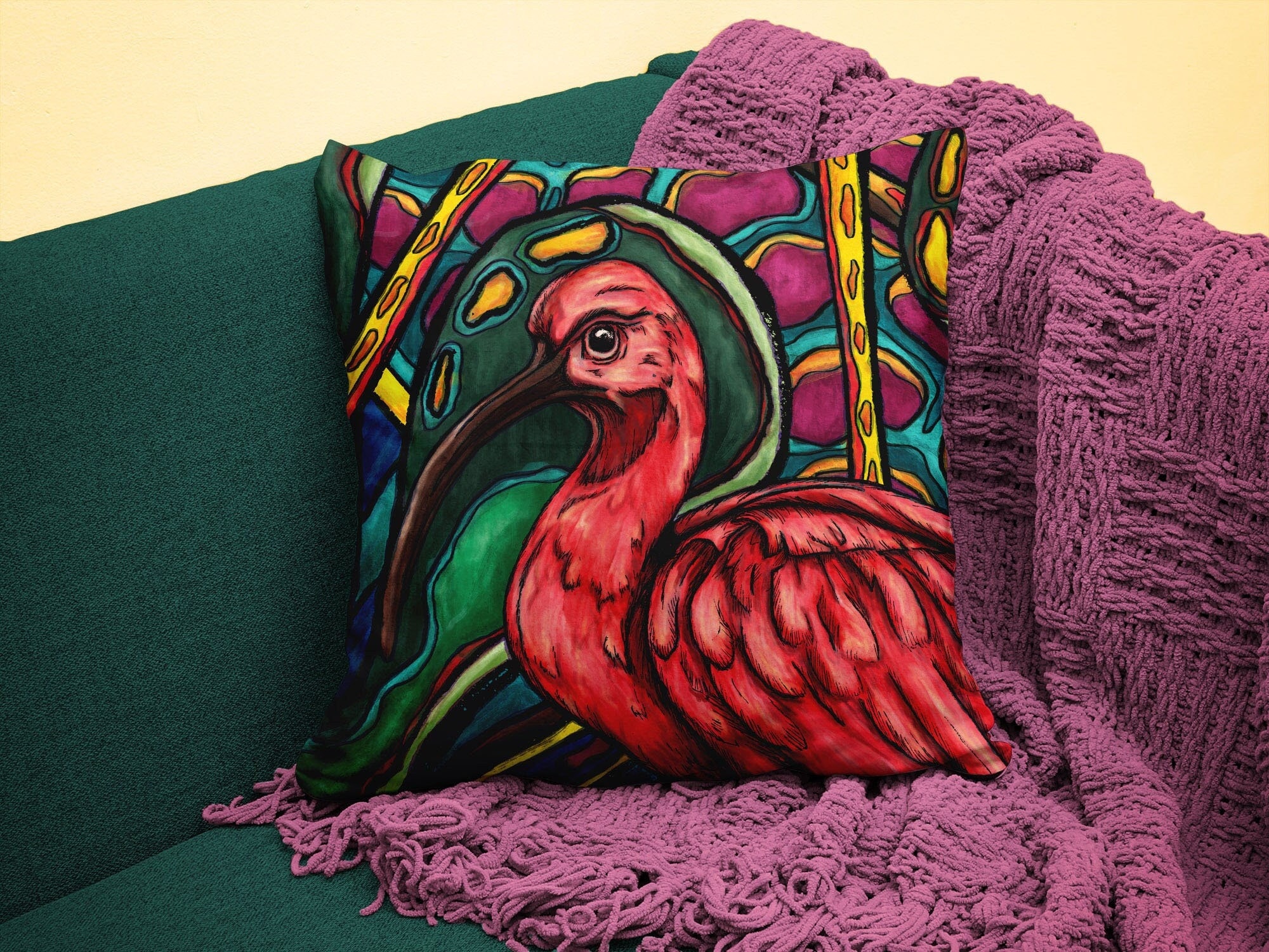 Housse de Coussin Ibis Écarlate, Housse Imprimée avec Peinture d'oiseau Rouge Dans Un Décor Jungle, 