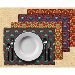 Scalloped placemats set of 4, japanese fan patterned placemats for modern dining table decor, housewarming gift for brightly colored table