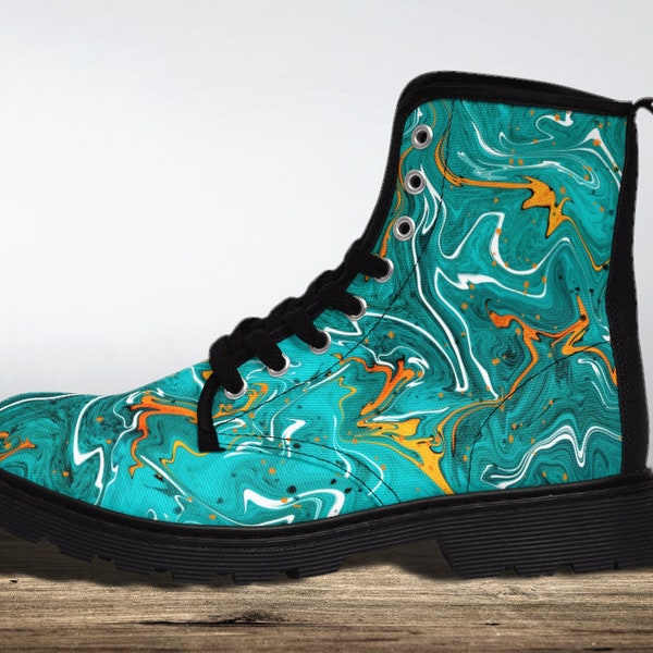 Bottines à lacets turquoise et orange, bottes en toile noires marbrées bleu-vert, chaussures plates montantes en tailles homme ou femme