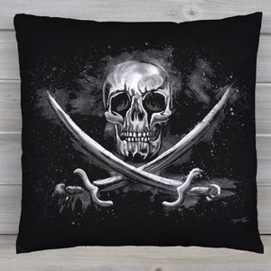 A black square throw pillow cover, printed with a black and white pirate skull, with crossed swords, as on the Jolly Roger pirate flag.