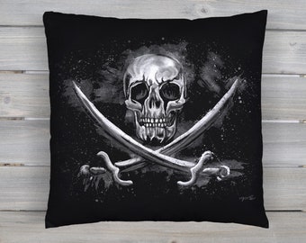 Coussin crâne et épées pirate, Housse de coussin imprimée drapeau pirate en noir et blanc, accessoire décoration punk rock