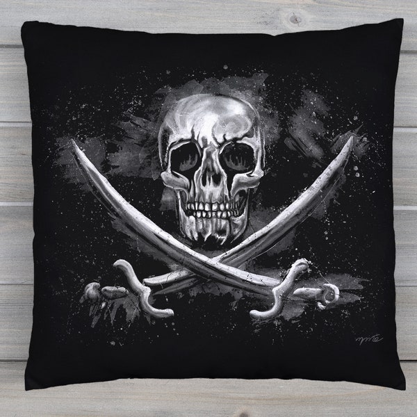 Coussin crâne et épées pirate, Housse de coussin imprimée drapeau pirate en noir et blanc, accessoire décoration punk rock