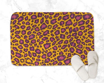 Yellow leopard bathroom mat, animal printed memory foam bath mat small or large, colorful bathroom rug for funky bath decor