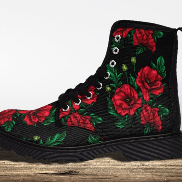 Red poppies combat boots women, black canvas boots printed red and green poppy flowers, feminine floral shoes for teenage girl gifts idea