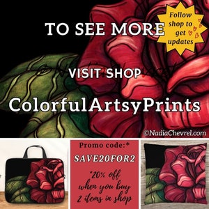 Op de afbeelding: Een gestileerde illustratie van een roos in rood en groen met de tekst "Colorful Artsy Prints" en "Bezoek de winkel" op een zwarte achtergrond. De tekst "Volg de winkel om updates te ontvangen" staat in een gele stervorm. Een promotiecode "SAVE20FOR2" wordt weergegeven met de tekst "*20% korting bij aankoop van 2 artikelen in de winkel".