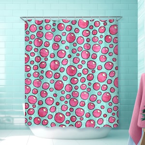 Tenda da doccia con bolle di sapone rosa, tenda da vasca o da doccia rosa shocking e celeste, tenda da doccia in tessuto per un arredamento da bagno femminile