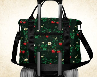 Strawberries duffle bag, ladies floral travel tote bag with pockets and trolley sleeve, red fruits patterned underseat bag