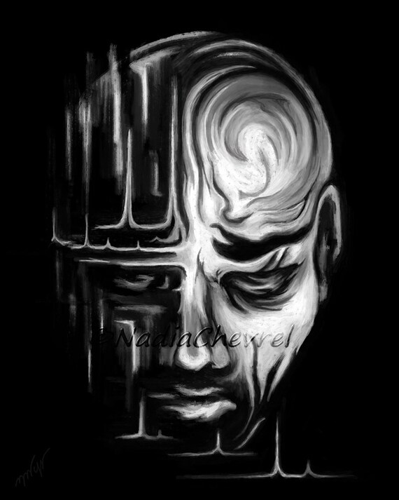 Peinture Visage Triste Portrait Homme Noir Et Blanc Tableau Visage Stylisé Homme Sombre Art Numérique Impression Toile Tirage Limité