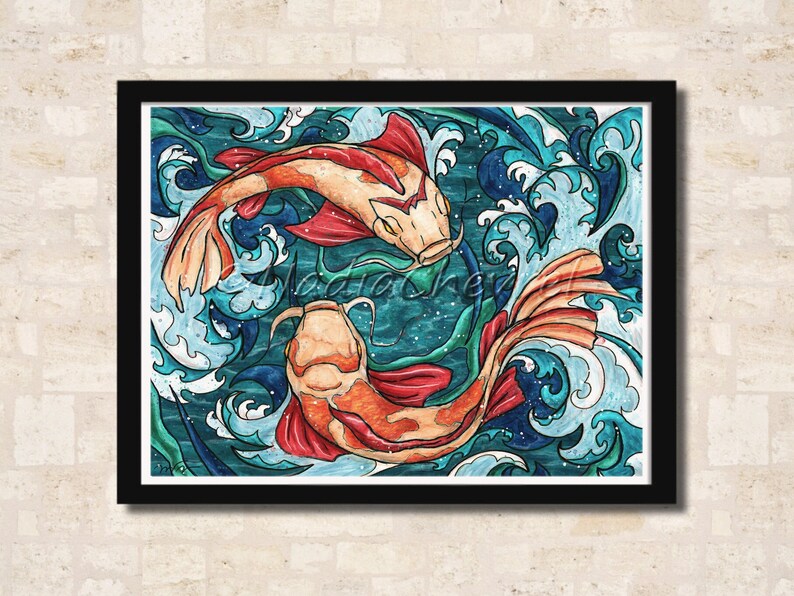 Koi fish wall art, Japanese fish painting printed on matte paper, Feng Shui Decor image 8
