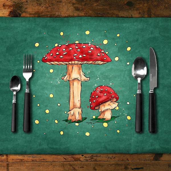 Set de table amanites tue-mouche, sets imprimés champignons rouges pour décoration table de dîner automne, cadeau déco maison de campagne