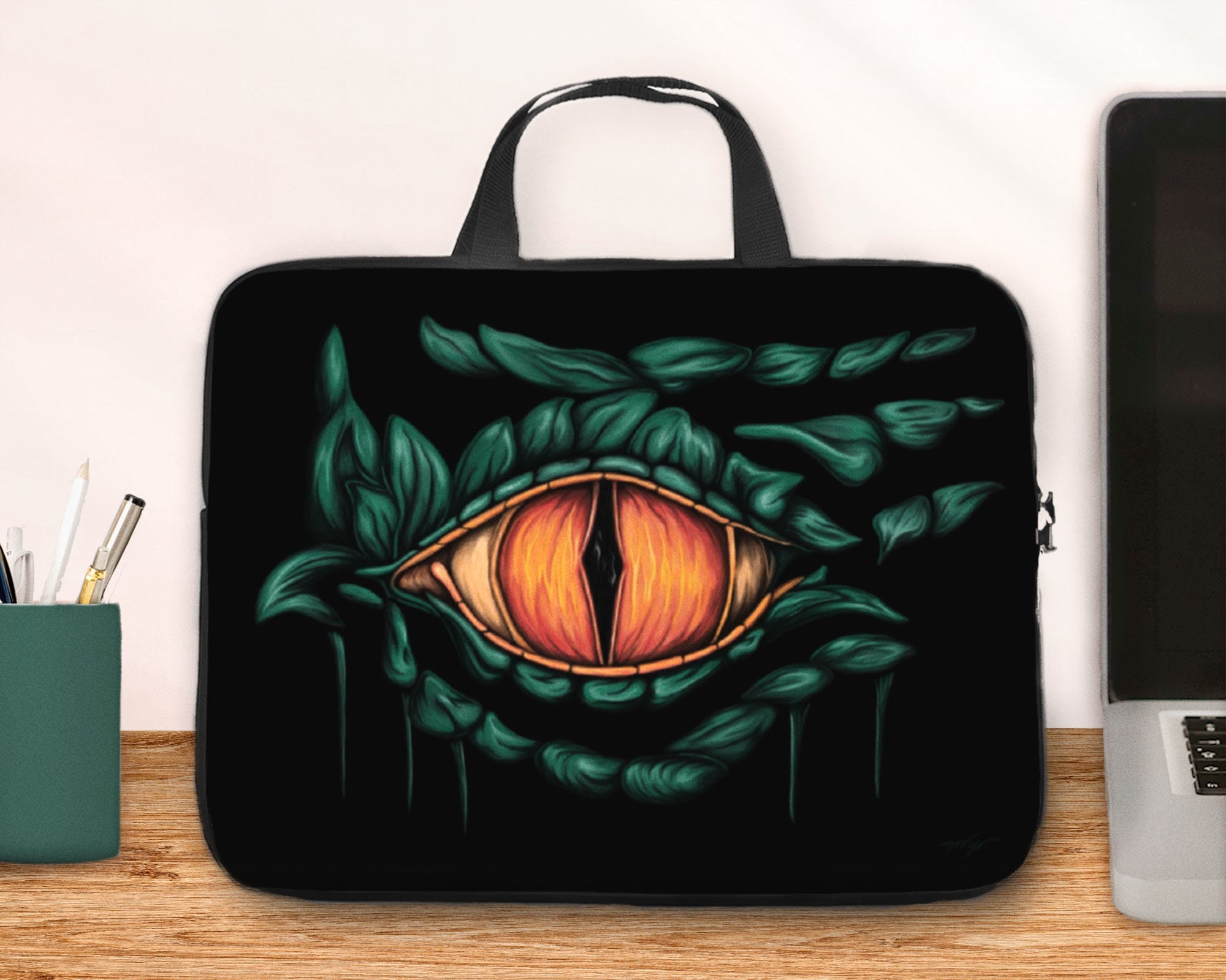 Dragon eye printed laptop sleeve, neoprene laptop bag or tablet pouch with handles from 10 to 17 in, epic fantasy creature geek gift for men