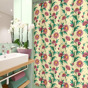 Floral shower curtain, daisies printed bathtub or shower stall curtain, yellow botanical shower curtain for modern farmhouse bathroom decor