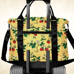 Strawberries on yellow duffle bag, ladies floral travel bag with handles strap and trolley sleeve, vivid fruits patterned underseat bag
