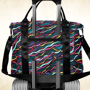 Whimsical stripes duffle bag, rainbow ribbons weekender bag with strap and trolley sleeve, colorful overnight xl bag for useful women gift