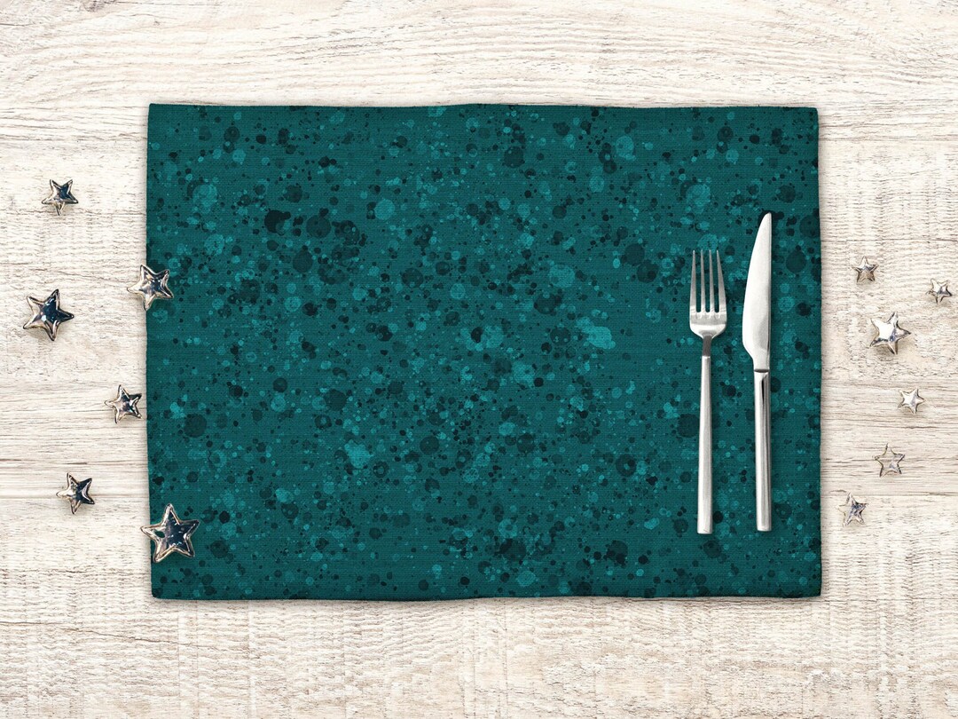 Dark Teal Placemats Set, Solid Color With Paint Drips Decorative Table