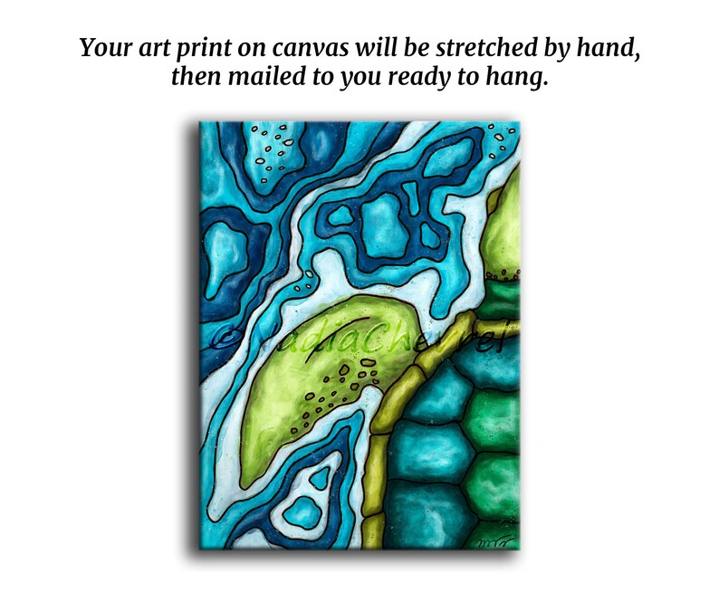 Sea Turtle Wall Art on Stretched Canvas Print, Bright Blue Abstract