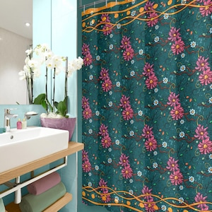 Floral shower curtain, pink wildflowers on dark teal bathtub or shower stall curtain, botanical shower curtain for boho bathroom decor