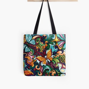 May include: A colorful tote bag with a whimsical design featuring a yellow butterfly surrounded by swirls and abstract shapes in shades of green, blue, orange, red, and purple.