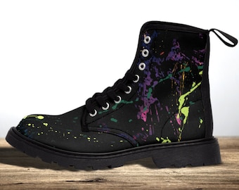Paint splatter black combat boots, canvas lace up boots for men or women, aesthetic shoes for art student gift idea