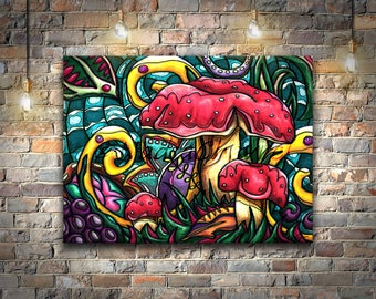 Magic Mushrooms painting, pyschedelic mushroom art print on canvas, for wall cottagecore mushroom decor