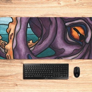 Large octopus desk mat, XXL mouse pad with giant octopus print, rubber kraken desk mat for gaming setup decoration