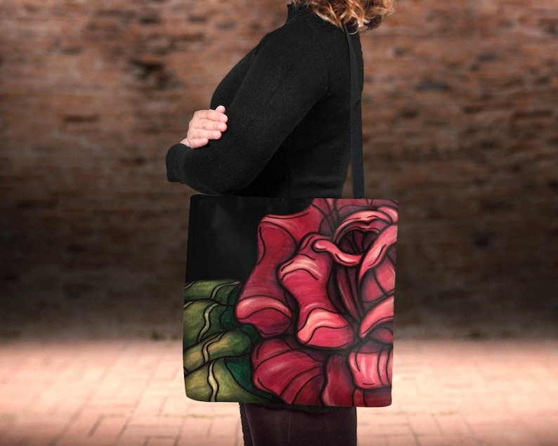 Canvas tote bag printed with a red rose close-up painting.