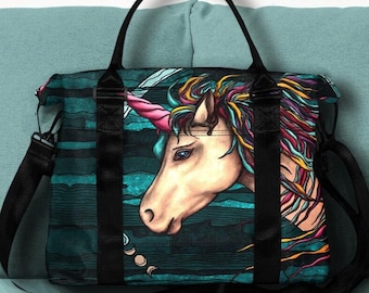 Boho unicorn travel bag, overnight bag for girls with handles strap and trolley sleeve, weekender bag for teens or unicorn women gift