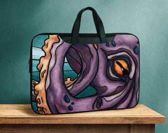Octopus laptop sleeve with strap and handles, Faux-leather case for laptop or tablet, ocean animal padded pouch