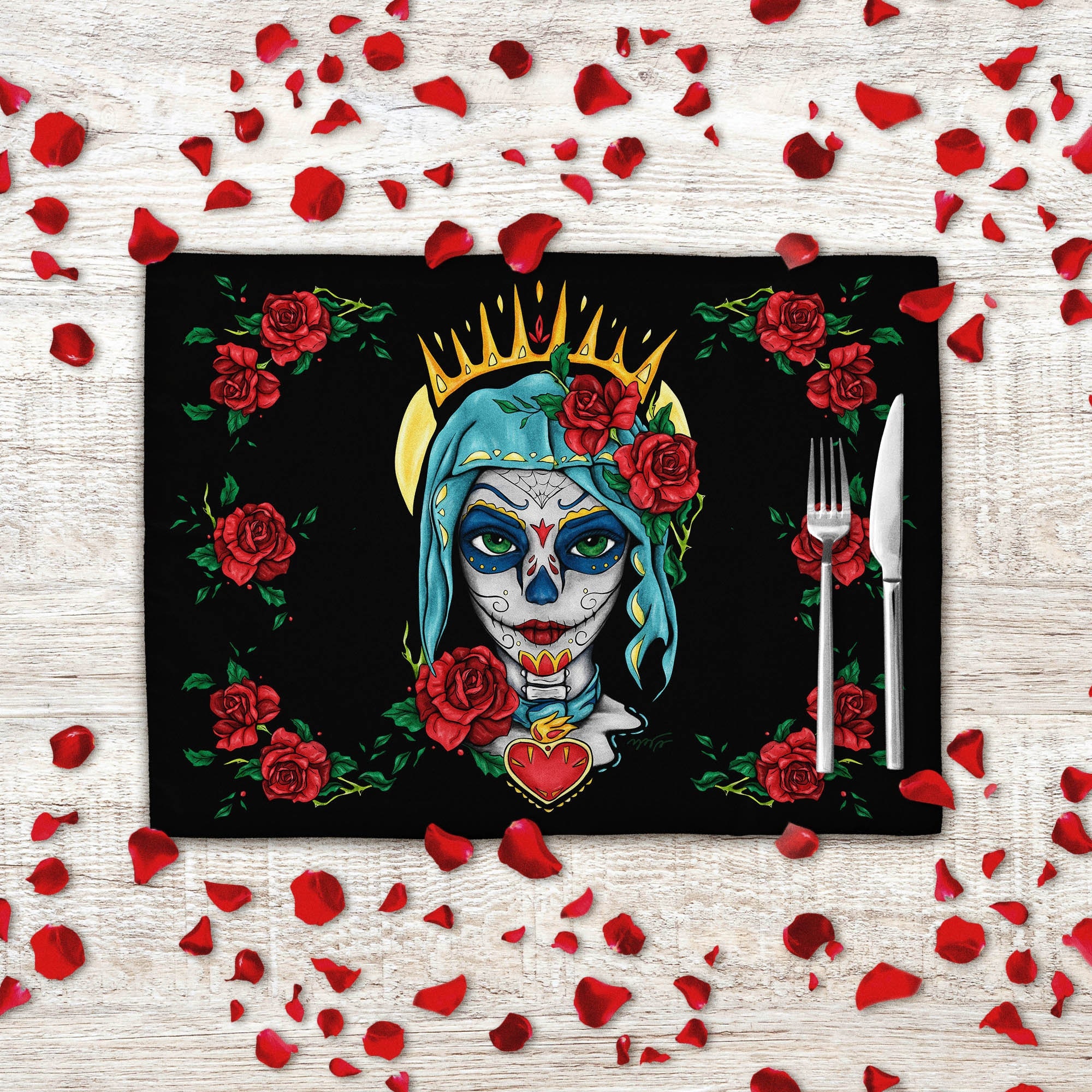 set de table imprimés santa muerte, sets en tissu motif jour des morts mexicain, décor au style gothique pour salle à manger