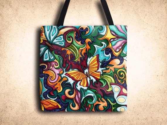 Butterfly Tote Bag: Colorful Abstract Floral Print Canvas Shoulder Bag