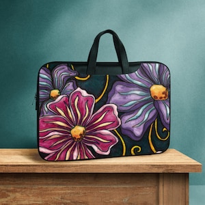 Housse fleurie pour ordinateur portable avec sangle et poignées, Housse colorée en similicuir pour tablette ou ordinateur portable