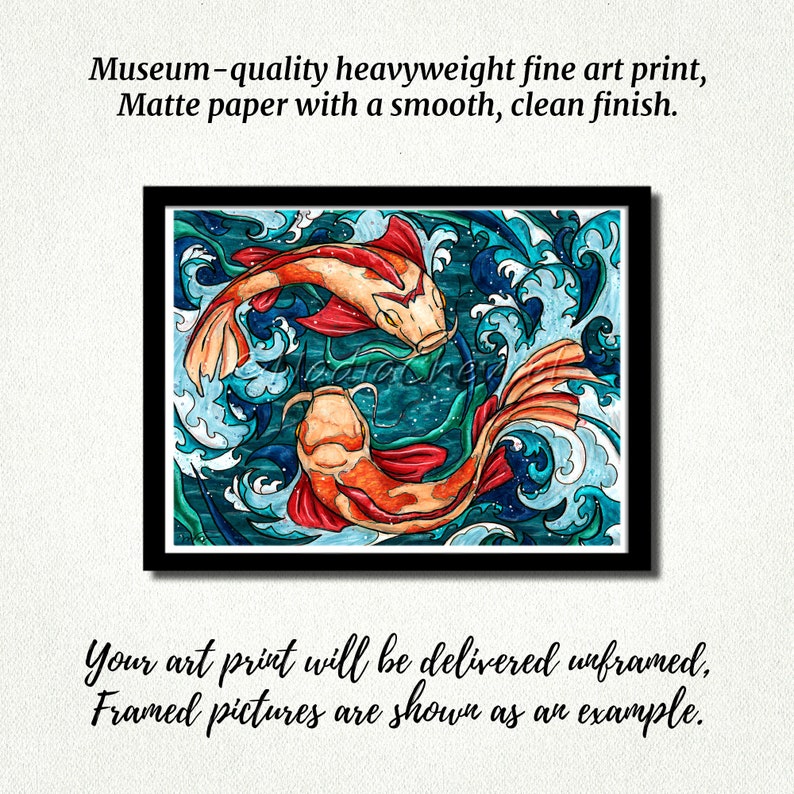 Koi fish wall art, Japanese fish painting printed on matte paper, Feng Shui Decor image 3