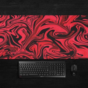 Red and black abstract XXL mousepad, liquid marble mouse pad for goth laptop desk decoration, punk rock desk mat for PC gamer setup decor