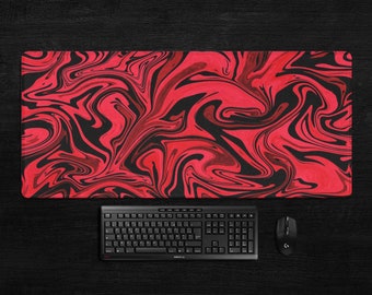 Red and black abstract XXL mousepad, liquid marble mouse pad for goth laptop desk decoration, punk rock desk mat for PC gamer setup decor