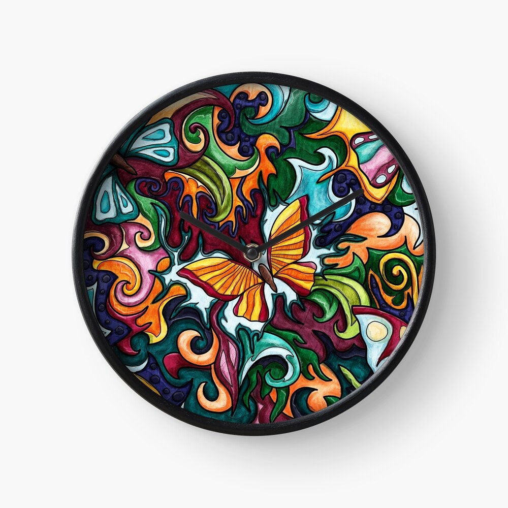 Horloge Murale Papillons Multicolores, Horloge Ronde Moderne Pour Décoration Papillons, Déco Nature 