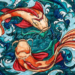 Koi fish wall art, Japanese fish painting printed on matte paper, Feng Shui Decor image 6