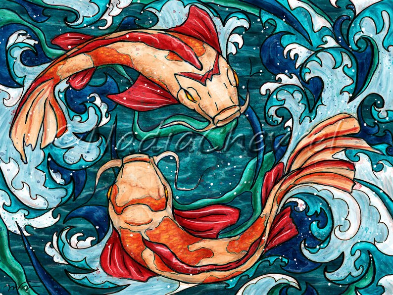Koi fish wall art, Japanese fish painting printed on matte paper, Feng Shui Decor image 6