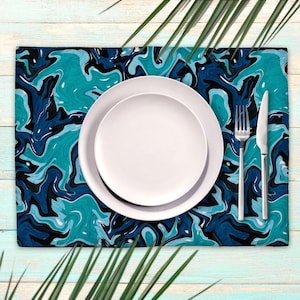 Abstract ocean blue placemats set, Bright blue and black camo printed fabric placemats for fun table decor, bold nautical table decoration