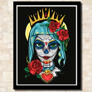 Impression portrait Santa Muerte , affiche jeune fille au maquillage de crâne en sucre, décoration mexicaine colorée pour Dia de los muertos image 5