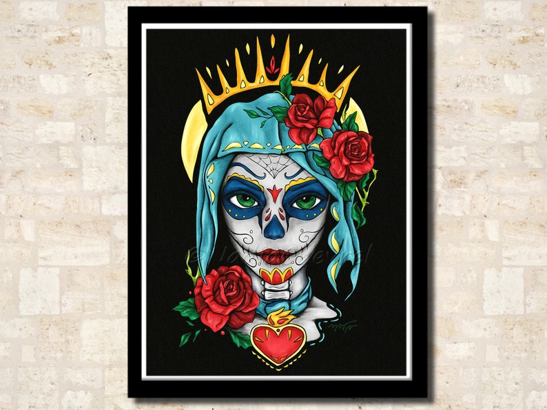 Impression portrait Santa Muerte , affiche jeune fille au maquillage de crâne en sucre, décoration mexicaine colorée pour Dia de los muertos image 5