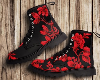 Floral combat boots women, black canvas mod boots red flowers printed, gothic aesthetic shoes for teenage girl gifts idea