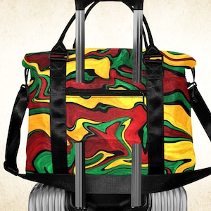 Rasta-kleuren herenplunjezak, kleurrijke reistas met handvatten, riem en trolleyhoes, weekendtas voor reggaefestivals voor tieners