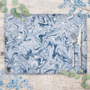 Blue and white placemats set, abstract decorative table mats set for dining table, marble blue fabric place mats for coastal table decor