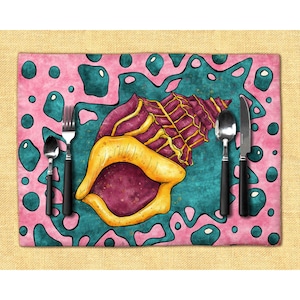 Juego de manteles individuales de conchas marinas de colores, manteles individuales con estampados artísticos de conchas marinas para una cena con temática oceánica brillante, manteles individuales de playa para decoración de mesa de sirena