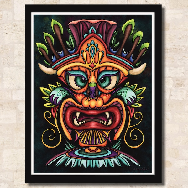Impression d'art totem Tiki, peinture colorée de masque maori, décoration murale Philippines pour décor de bar tiki