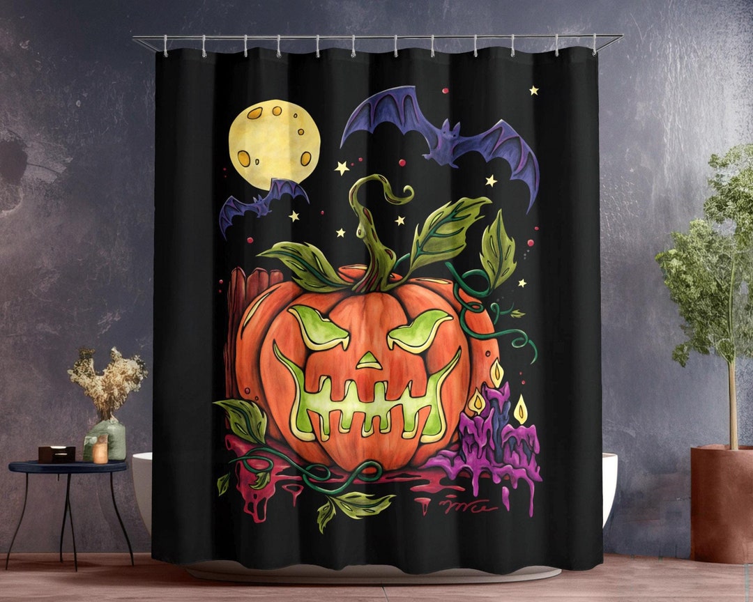 DASHAN Halloween-Duschvorhang – Gruselige Motive Mit Kürbissen, Katzen, 183 X 183 Cm