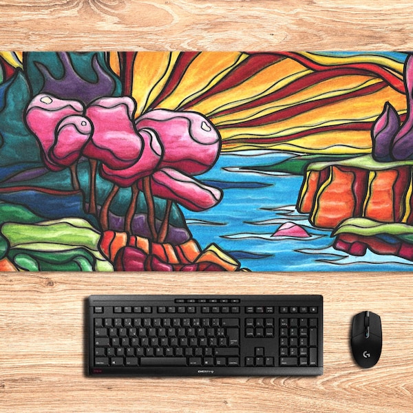 Tapis de bureau paysage pop art, tapis de souris étendu xxl, tapis ordinateur imprimé paysage de rivière et soleil couchant coloré